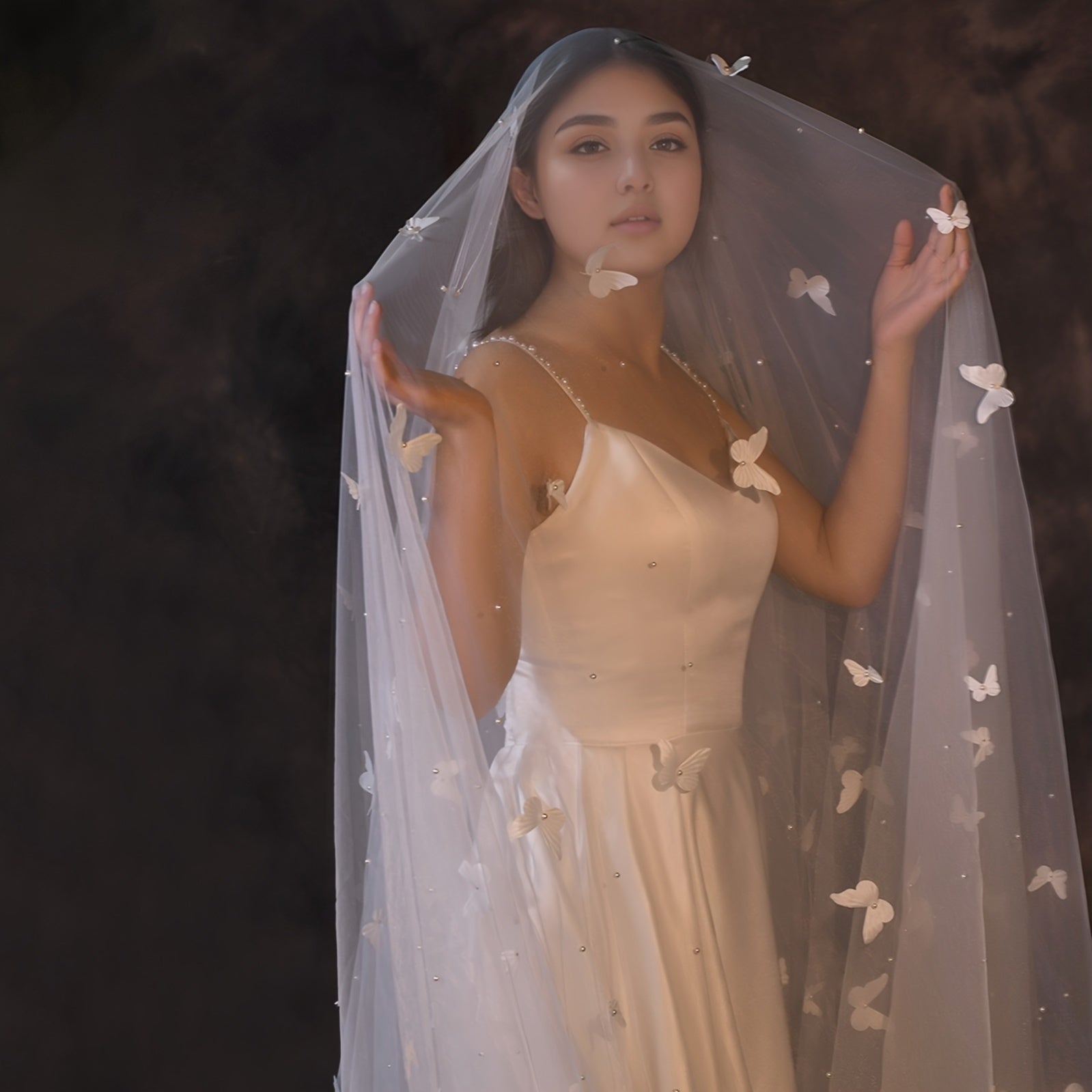 Wedding Veil Beaded Butterfly Cathedral Length Nylon Bridal Accessory