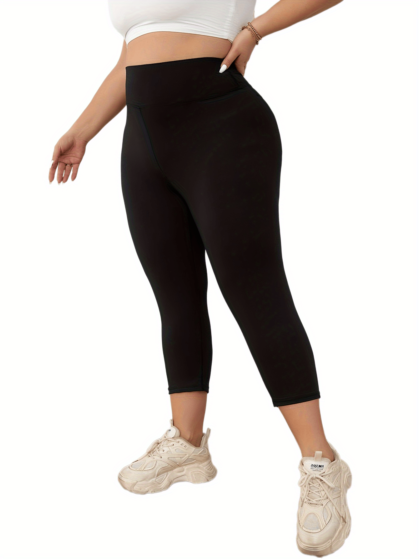 Plus Size Women Capri Leggings High Stretch Solid Color 3/4 Length Yoga Pants