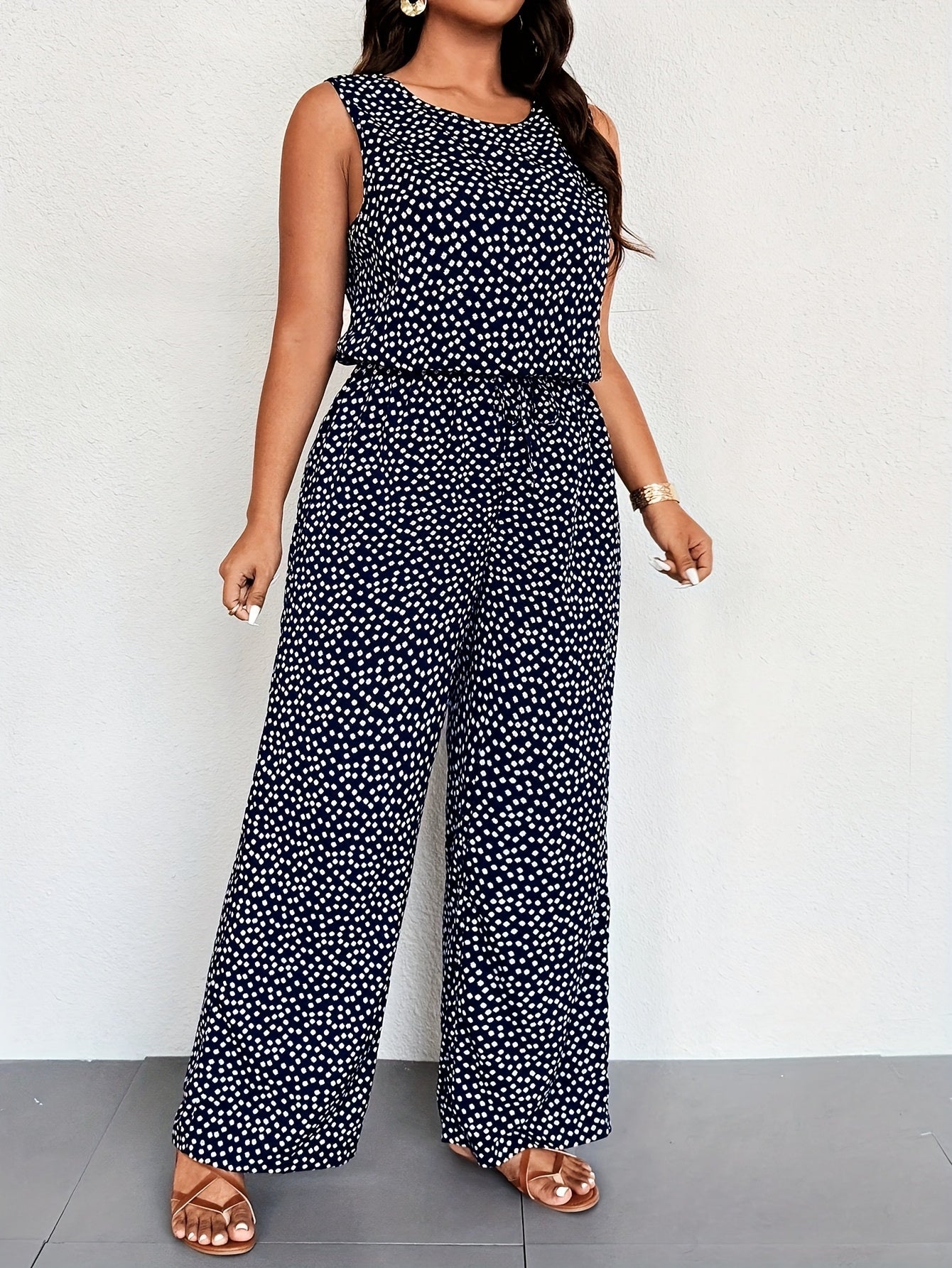 Plus Size Women's Floral Print Sleeveless Jumpsuit Elastic Waist Wide Leg Spring Summer Casual Formal