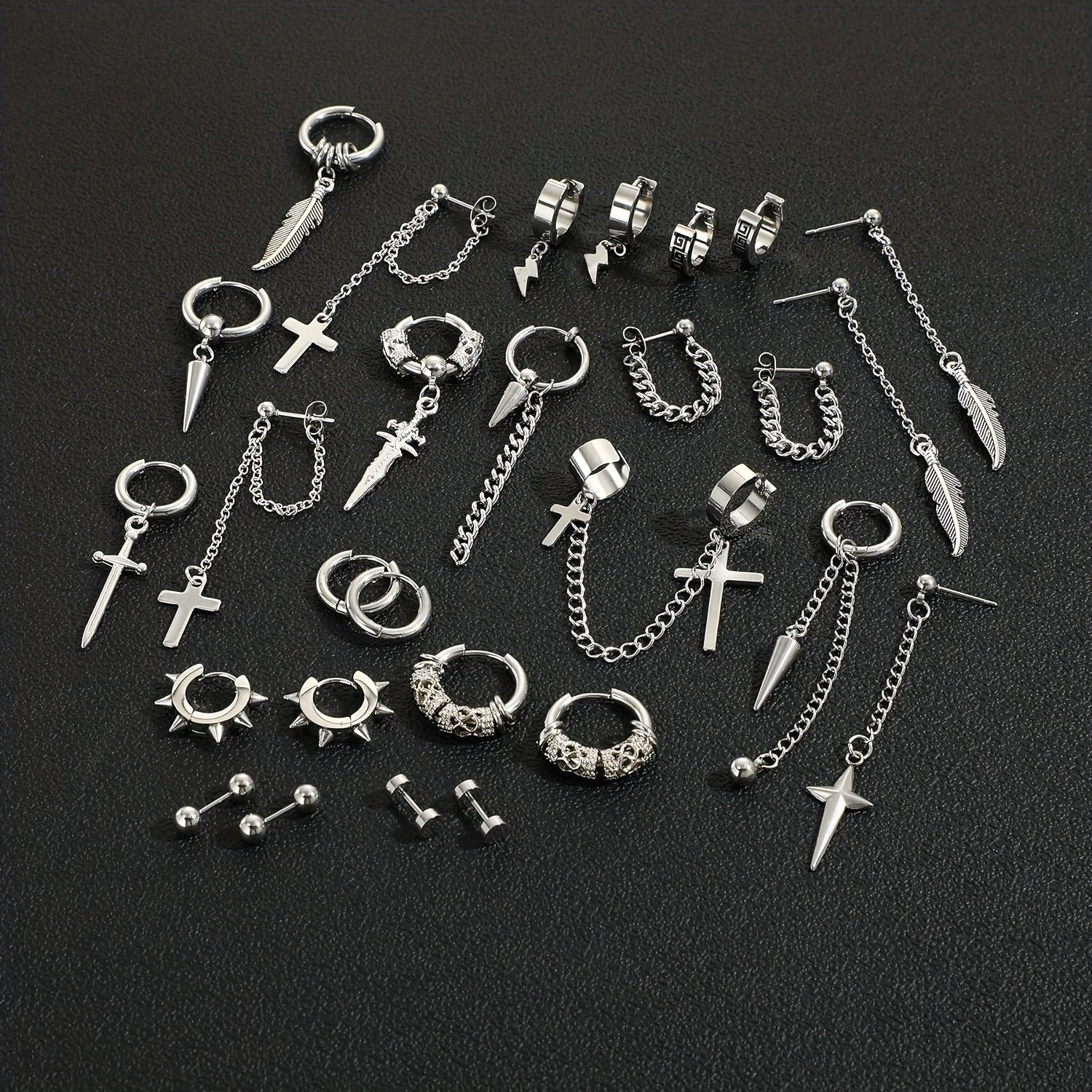 Set of 27 Stainless Steel Earrings for Men and Women Cross Feather Pendants Hoop Stud Jewelry