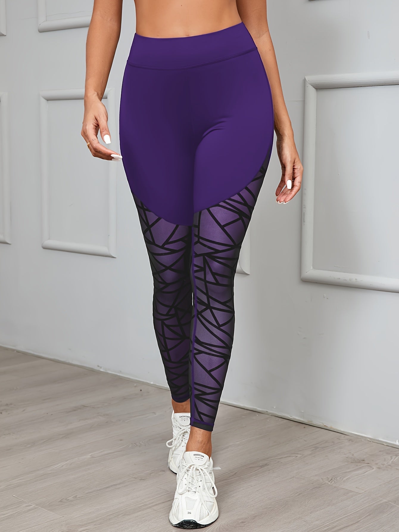 Women's High Waist Geometric Mesh Leggings for Yoga and Fitness Medium Stretch Polyester