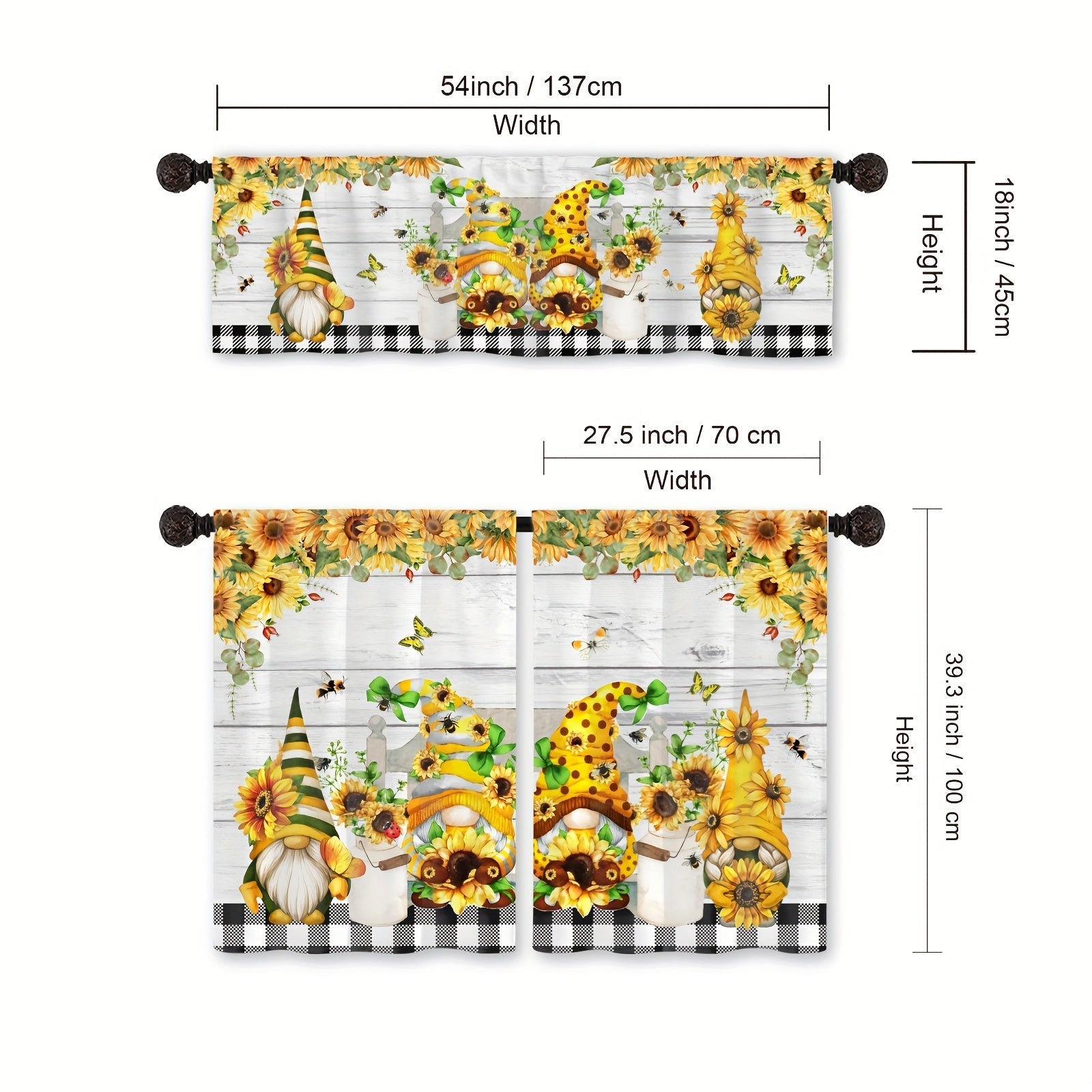 Rural Pastoral Sunflower Gnome Curtain Set with Pole Pocket for Spring Decor