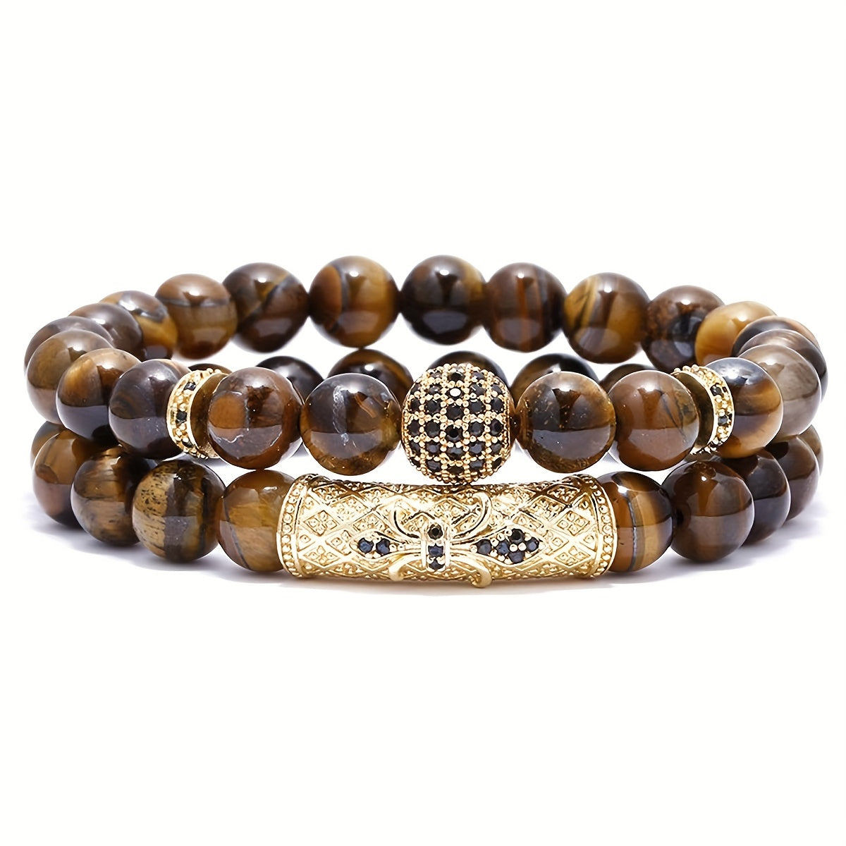 Set of 2 Tiger Eye Beaded Bracelets 8mm Stretchy Yoga Accessories for Men