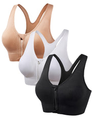 Women's Sports Bras Pack of 3 Front Zipper Yoga Running Comfortable Soft