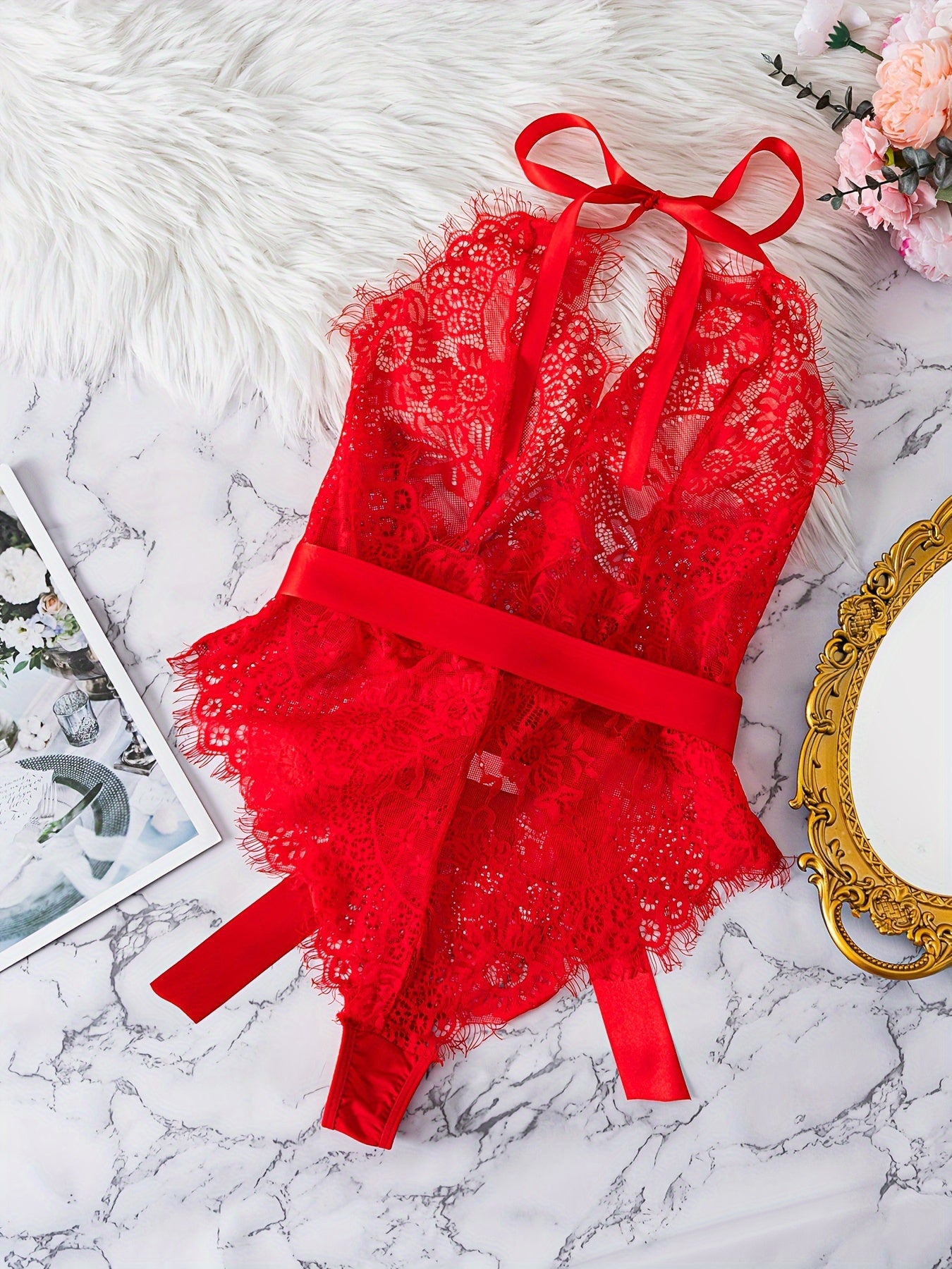 Women's Floral Lace Teddy with Halter Neck Backless Lingerie