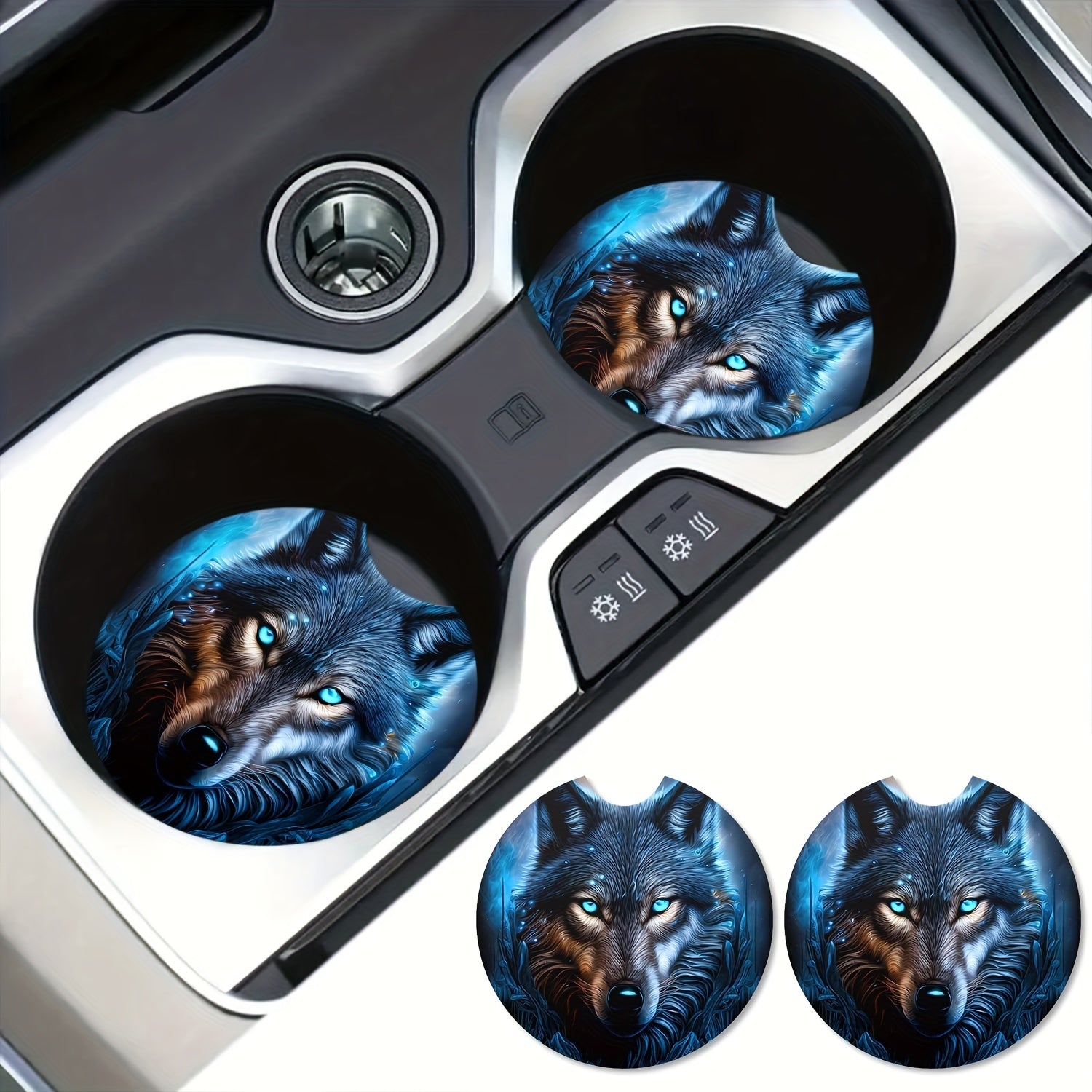2pcs Blue Flame Wolf Pattern Absorbent Car Cup Holder Coasters Non-slip Rubber