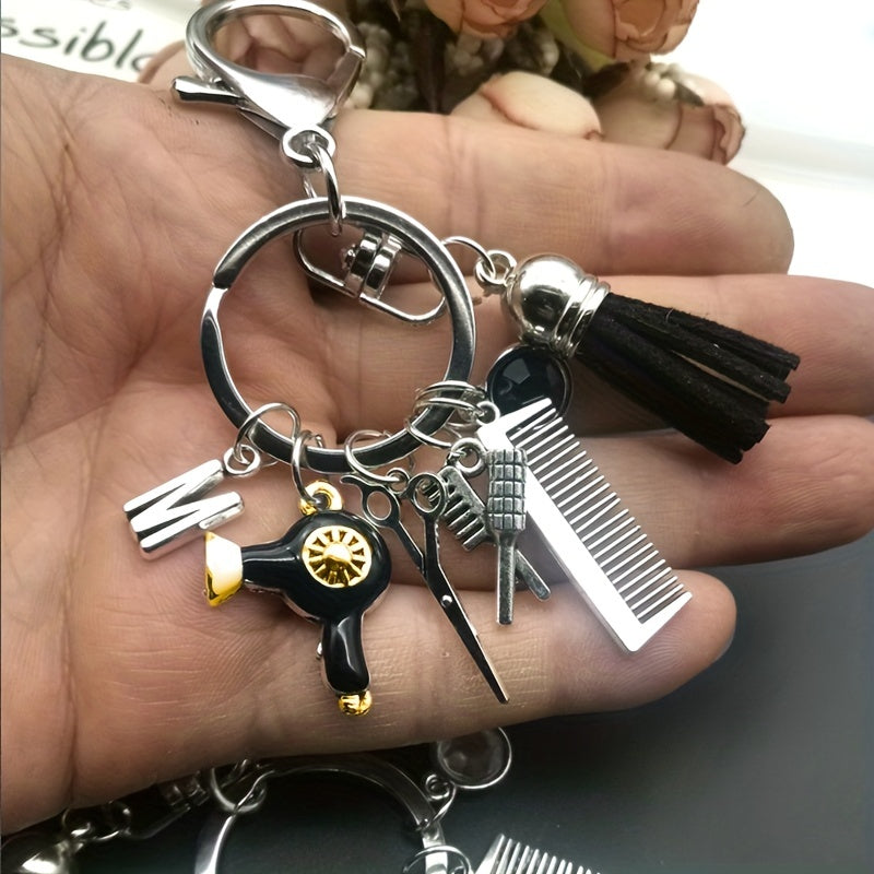 Vintage Jewelry Hair Stylist Gift Keychain with Mini Barber Scissors and Hair Dryer Comb