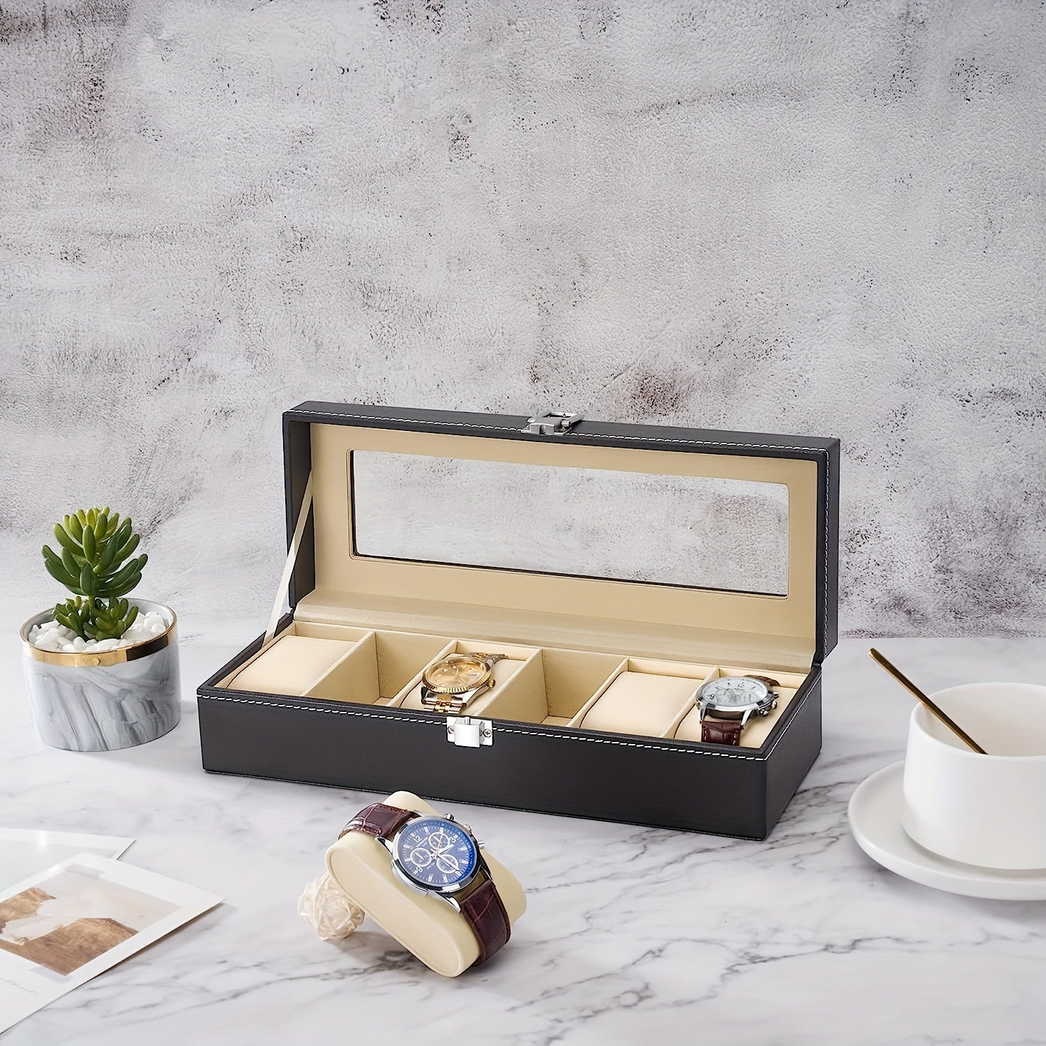 Leather Watch Storage Box with Glass Top for 1, 6, 12, or 24 Watches