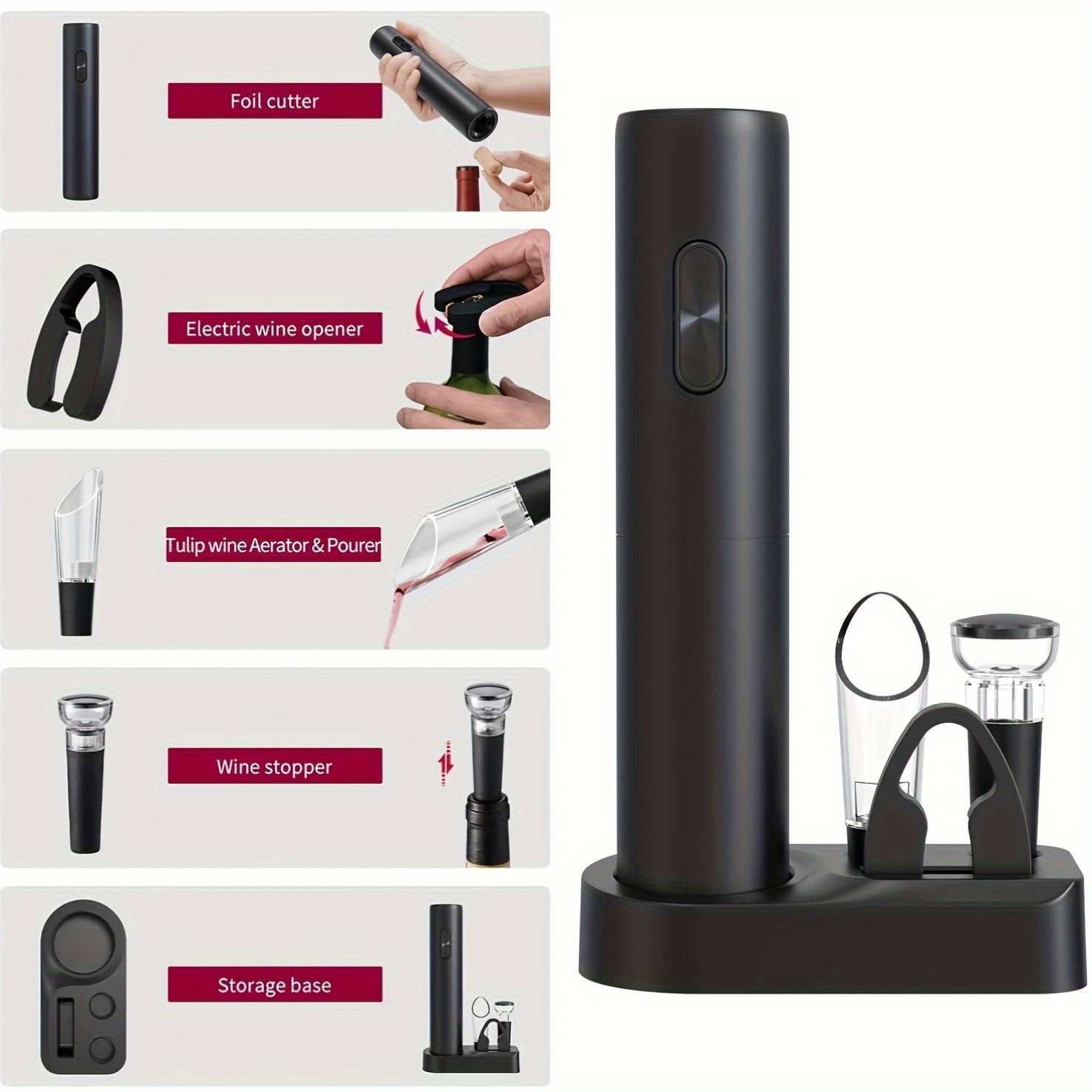 Electric Wine Bottle Opener Set with Foil Cutter and Reusable Bag for Parties and Gifts