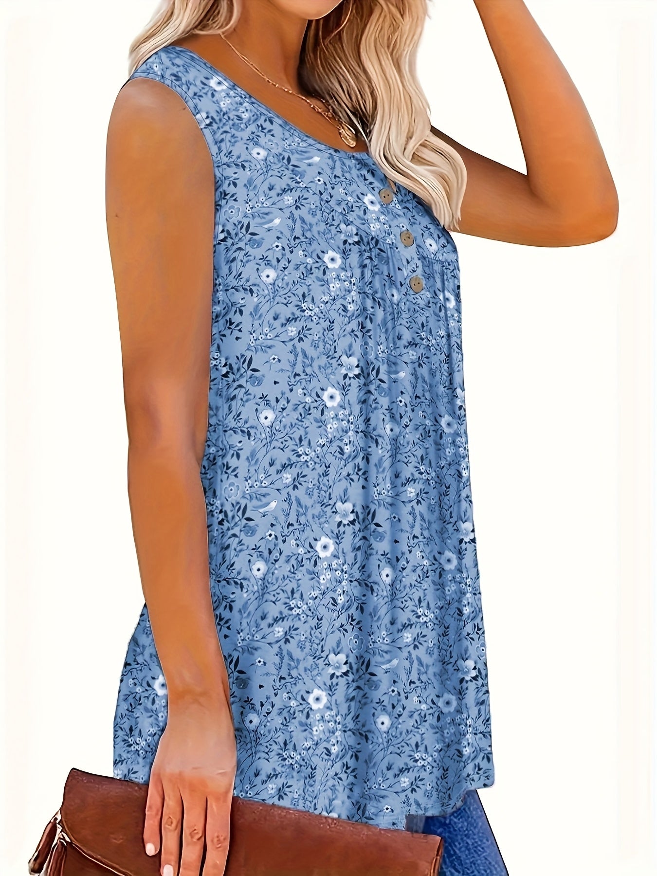 Женская безрукавка с цветочным принтом на лето, топ с V-образным вырезом, на пуговицах, зелёная с белыми цветами