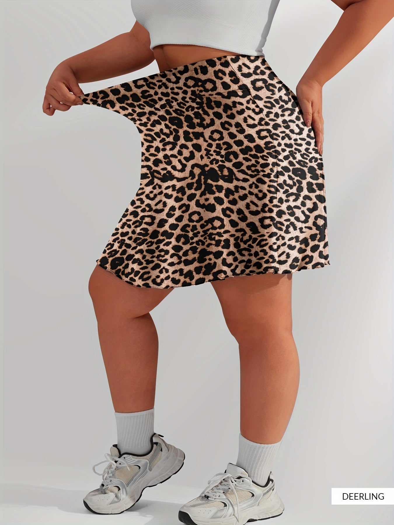Plus Size Women's Leopard Print High-Waist Skort with Pockets Athletic Shorts