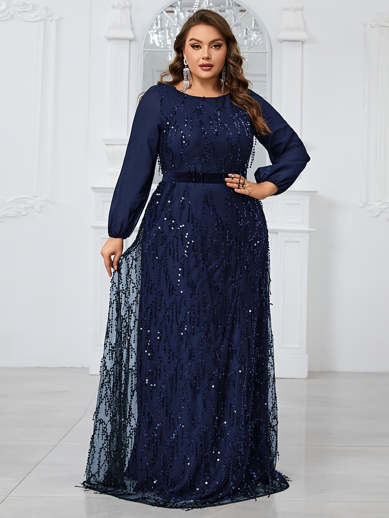Plus Size Black Sequin Lantern Sleeve Evening Gown Formal Dress for Prom Weddings