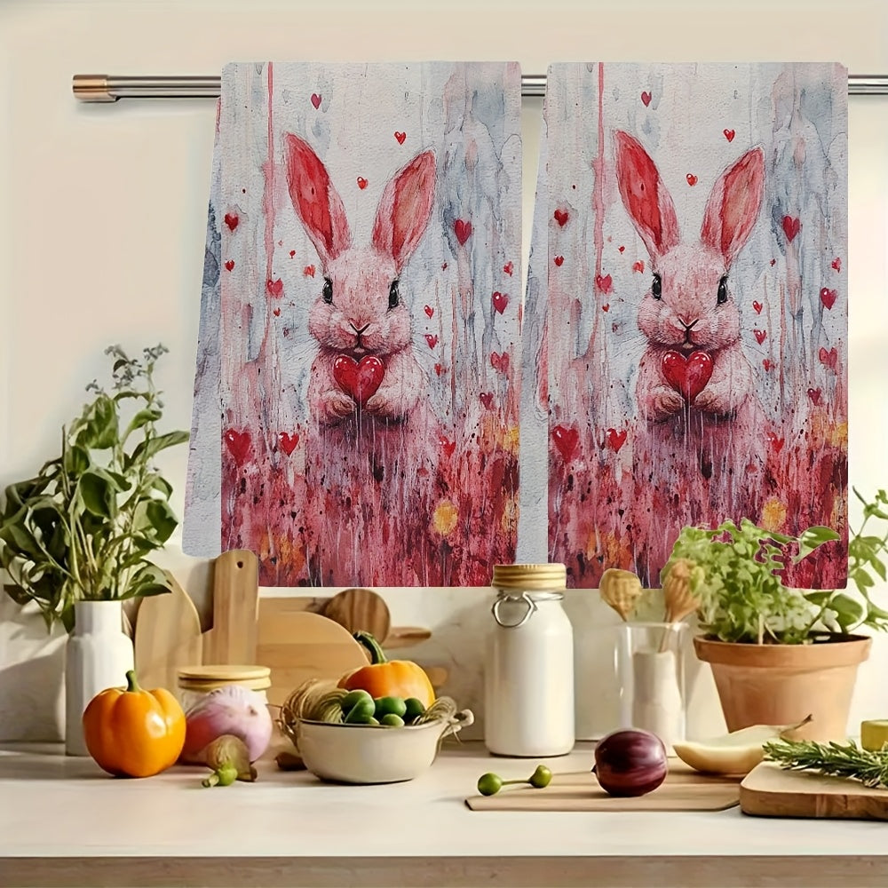 Valentine's Day Bunny Kitchen Towels Set, Coastal Style, Absorbent, 16x24 Inches