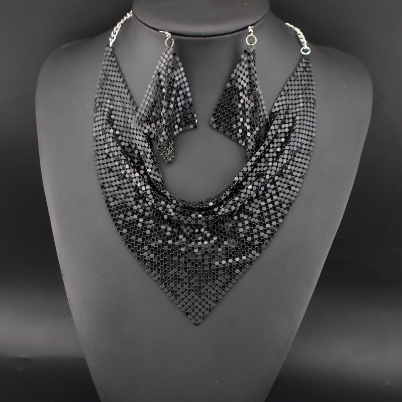 Women's Sequin Bib Necklace and Earring Set Retro Boho Chic Rhinestones for Parties and Daily Wear