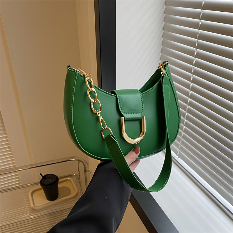 Women's Crescent Shoulder Bag with Gold Hardware Solid Color PU Crossbody Bag