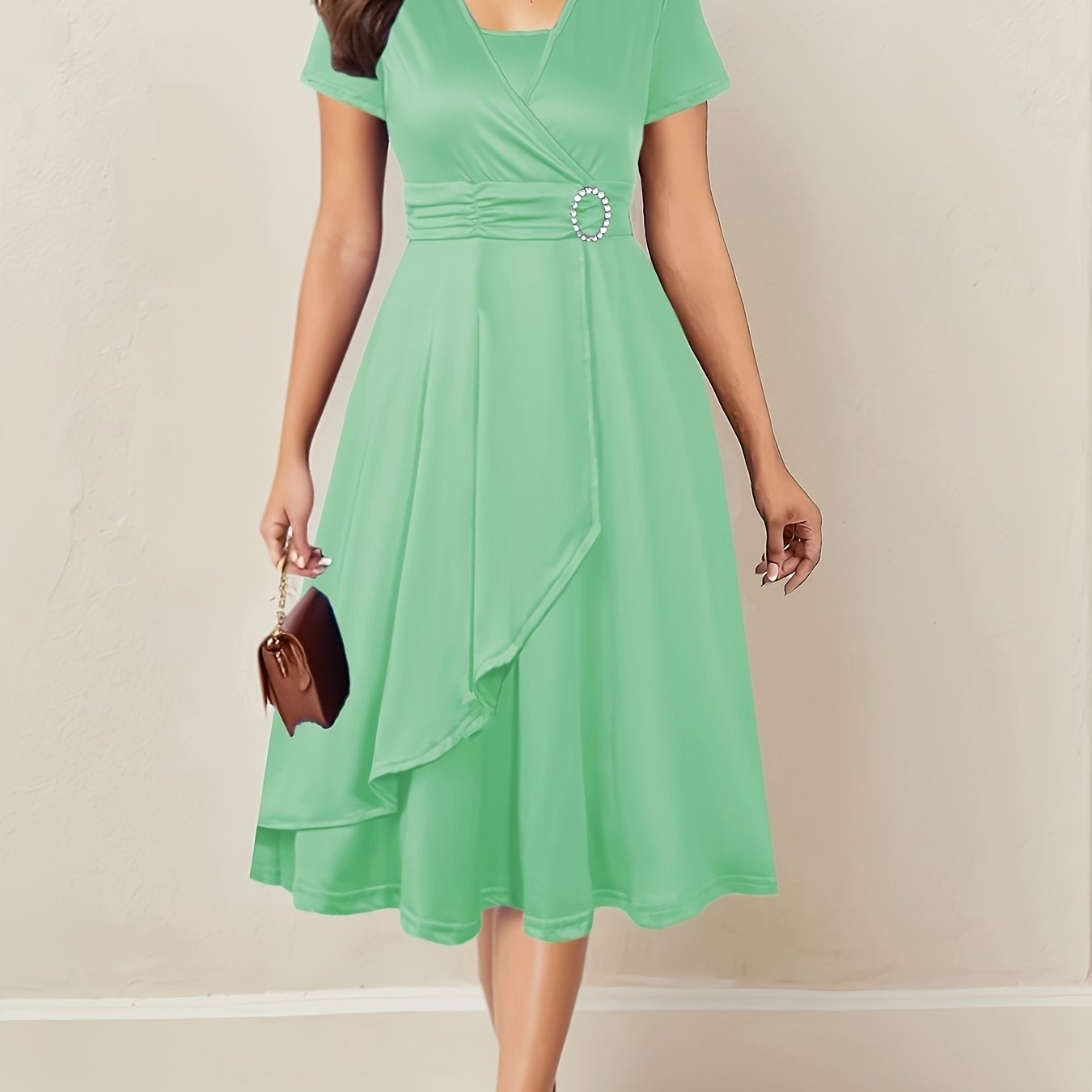 Women's Rhinestone V-Neck Dress with Asymmetrical Hem and Tie Waist