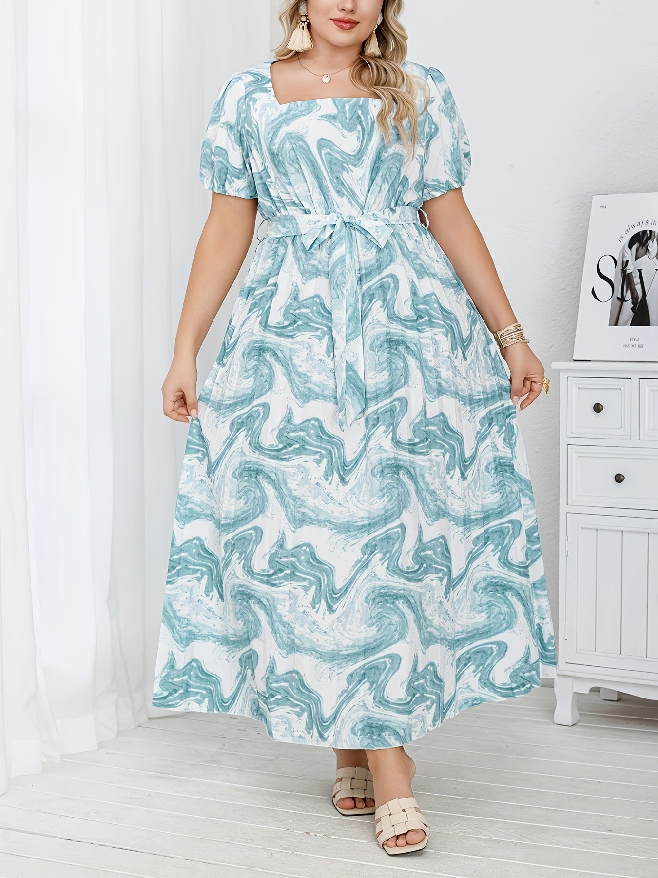 Plus Size Women’s Elegant Pleated Printed Dress for Middle Eastern Style