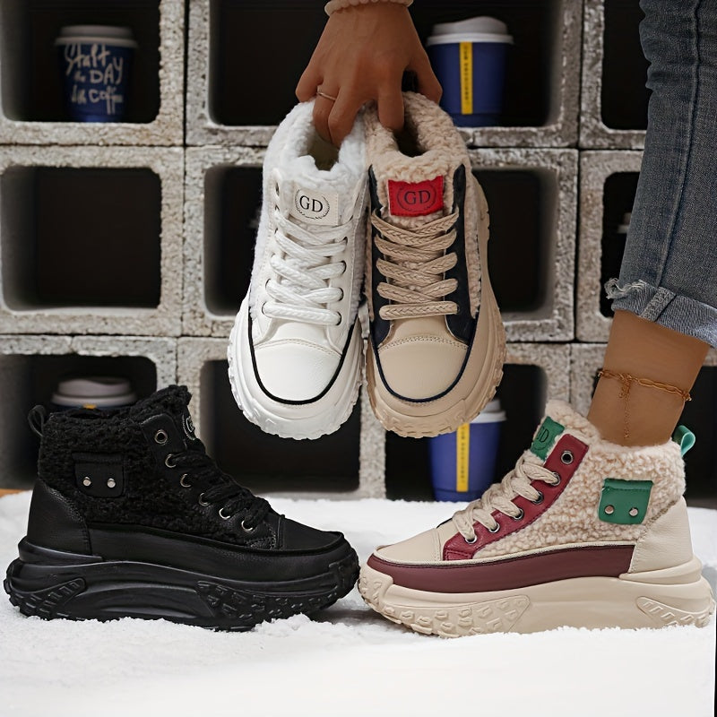 Women's Winter Ankle Boots Thick-Soled Lace-Up Round Toe Casual Shoes White Pink