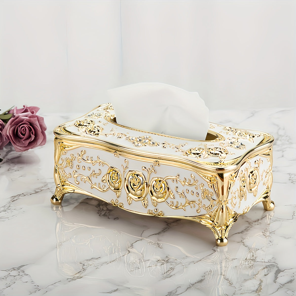 Cajita de pañuelos con patrón de rosas lujoso y soporte de papel chapado en oro