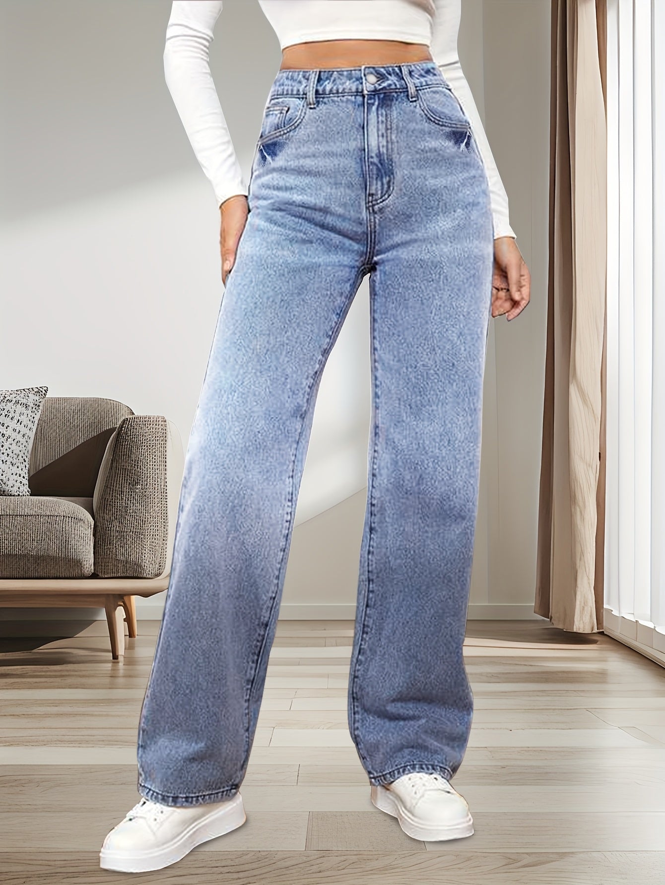 Women’s Denim Straight Leg Trousers with Low Waist and Micro-Elastic Fabric