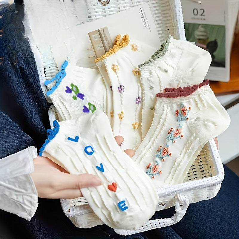 Women Floral Print Socks 5 Pairs Ankle Socks Lettuce Trim Ditsy Pattern