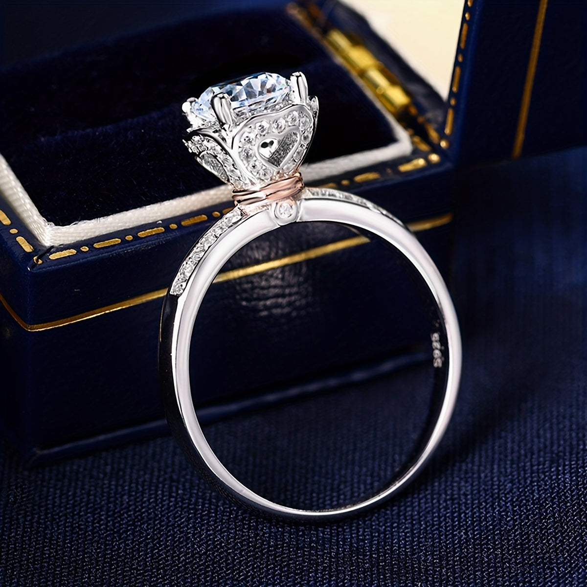 Wedding Proposal Ring Silver Moissanite Flower Design with Certificate and Box