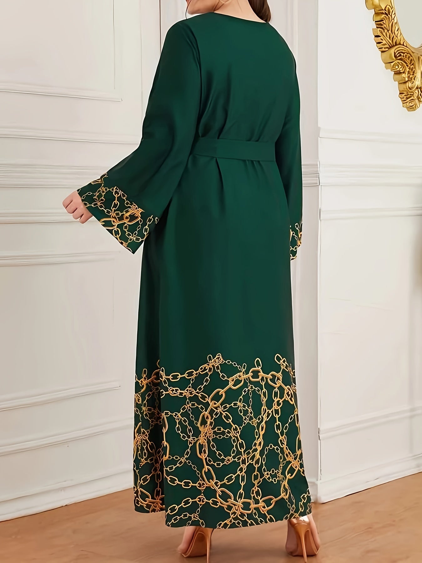 Women's A-Line Dress with Chain Print Crew Neck Long Sleeves Belt All-Season Polyester