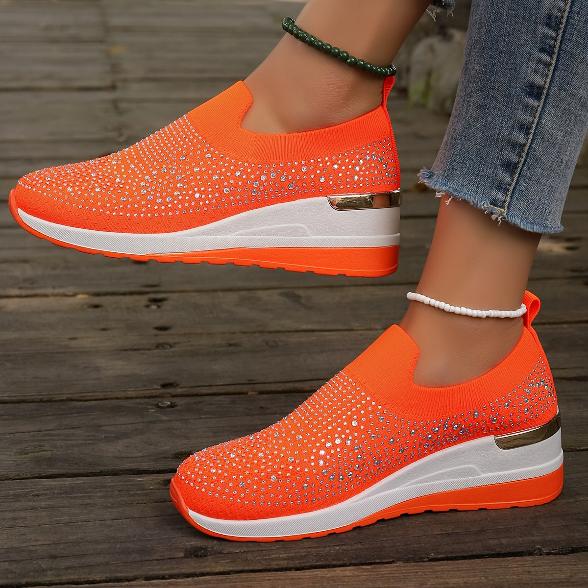 Women's Rhinestone Decor Platform Sneakers Casual Slip-On Outdoor Shoes