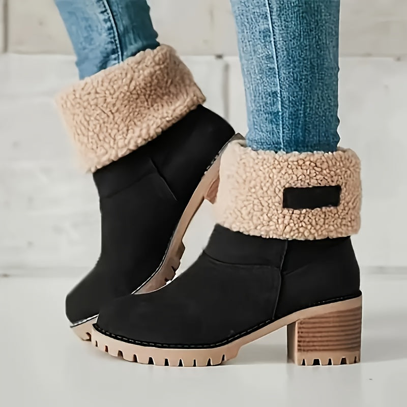 Women's Solid Color Mid Heel Ankle Boots with Faux Fur Trim Slip-On Platform Shoes