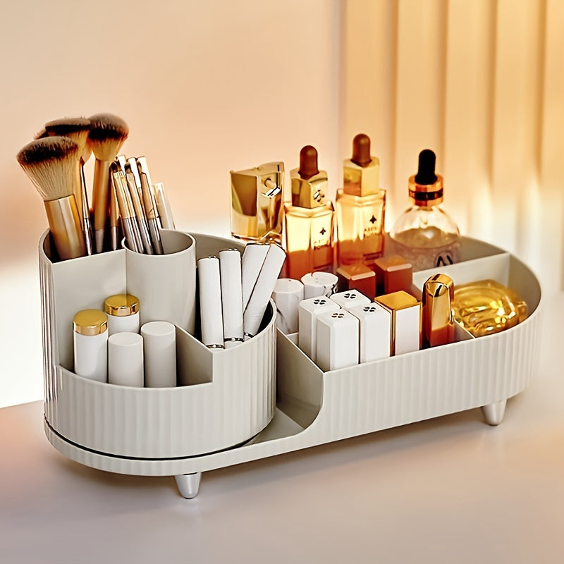 Moda uslubidagi aylanuvchi makiyaj tashkilotchisi, cho'tkalar va lab bo'yoqlari uchun stakanlar bilan, yotoqxona, hammom yoki yashash xonasida kosmetikalarni saqlash uchun ideal. Qora va qaymoq oq ranglarda mavjud.