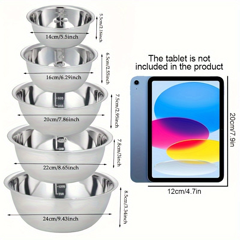 Set of 5 Stainless Steel Mixing Bowls with Measurements Dishwasher Safe Deep Sides