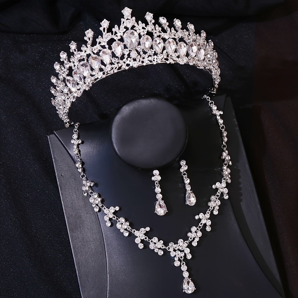 To'ylar uchun Bridal Rhinestone Crown Jewelry Set Tiara Necklace Earrings