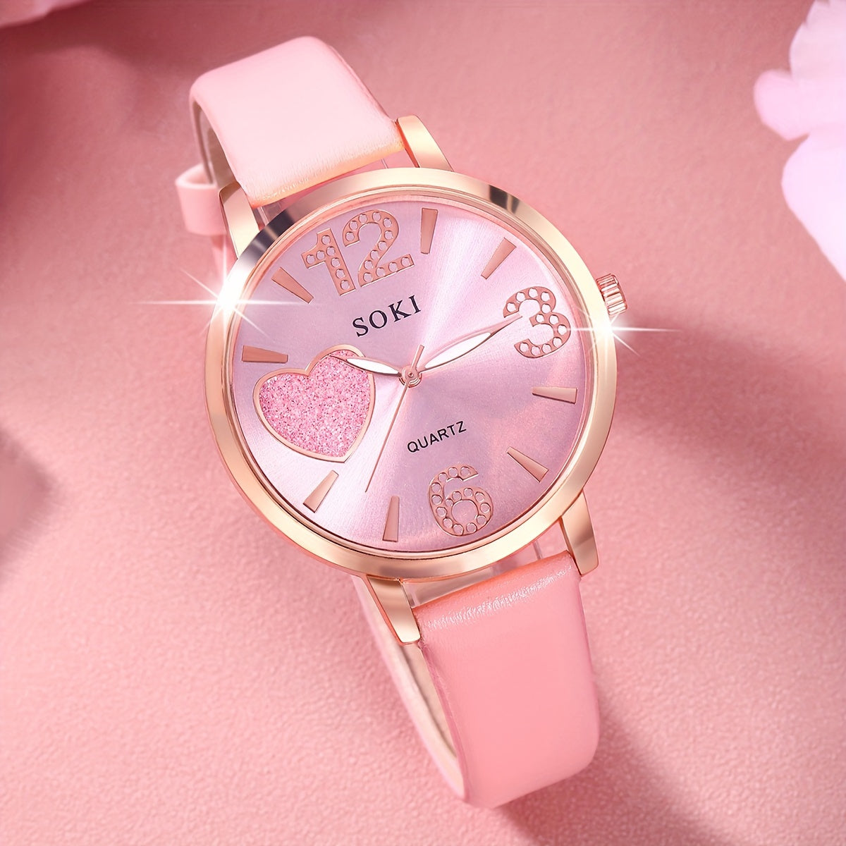 Ladies Fashion Digital Quartz Faux Leather Round Wrist Watch with Heart Jewelry Set