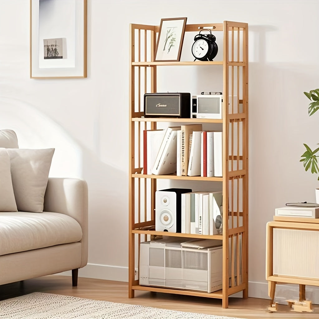 Бамбуковая книжная полка 4/5 ярусов напольная для кухни, учебы, гостиной Желтая
