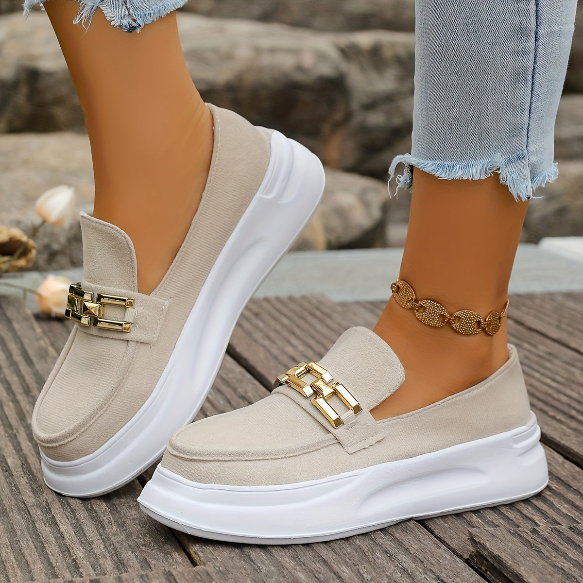 Women's Slip-On Platform Shoes Beige Cushioned Sole Casual Office Slip-Ons