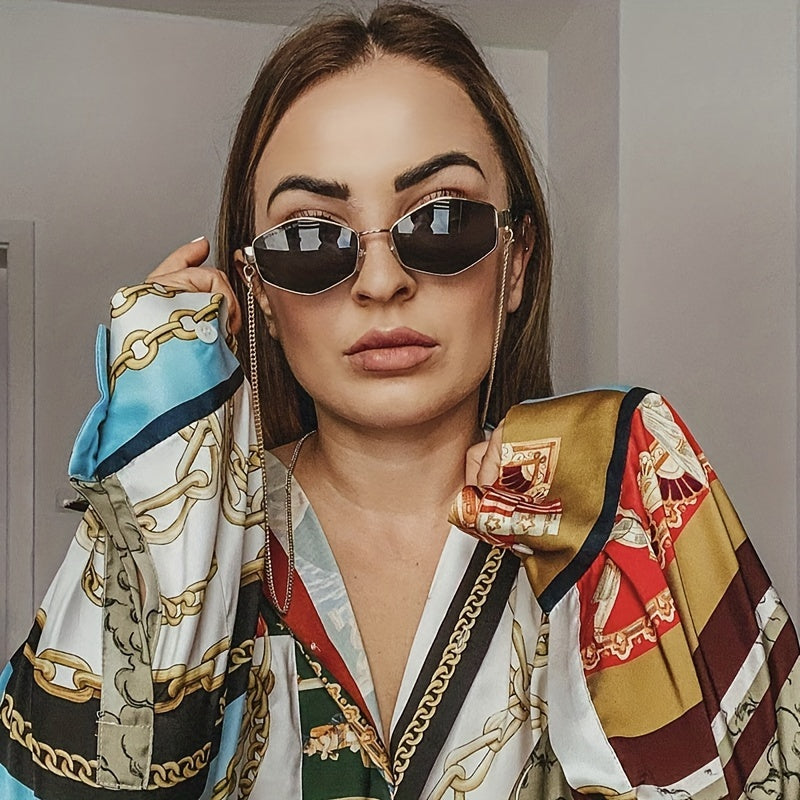 Vintage Hiphop Polygon Metal Glasses with Anti Glare Sun Shades and Chain for Women