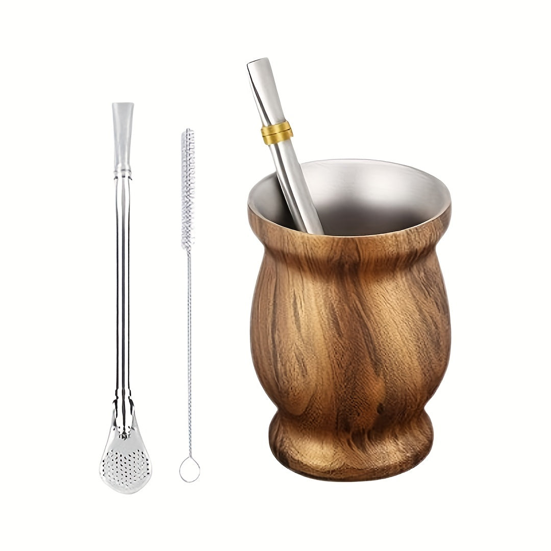 8oz Stainless Steel Yerba Mate Cup Set with Wooden Handle Double Walled Insulation