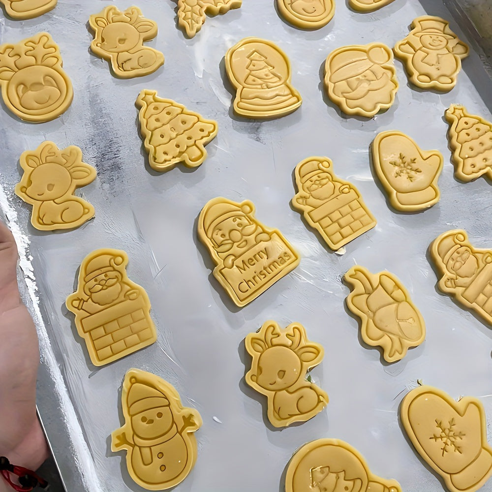 Set of 8 Plastic Christmas Cookie Cutters with Stamps for Holiday Baking
