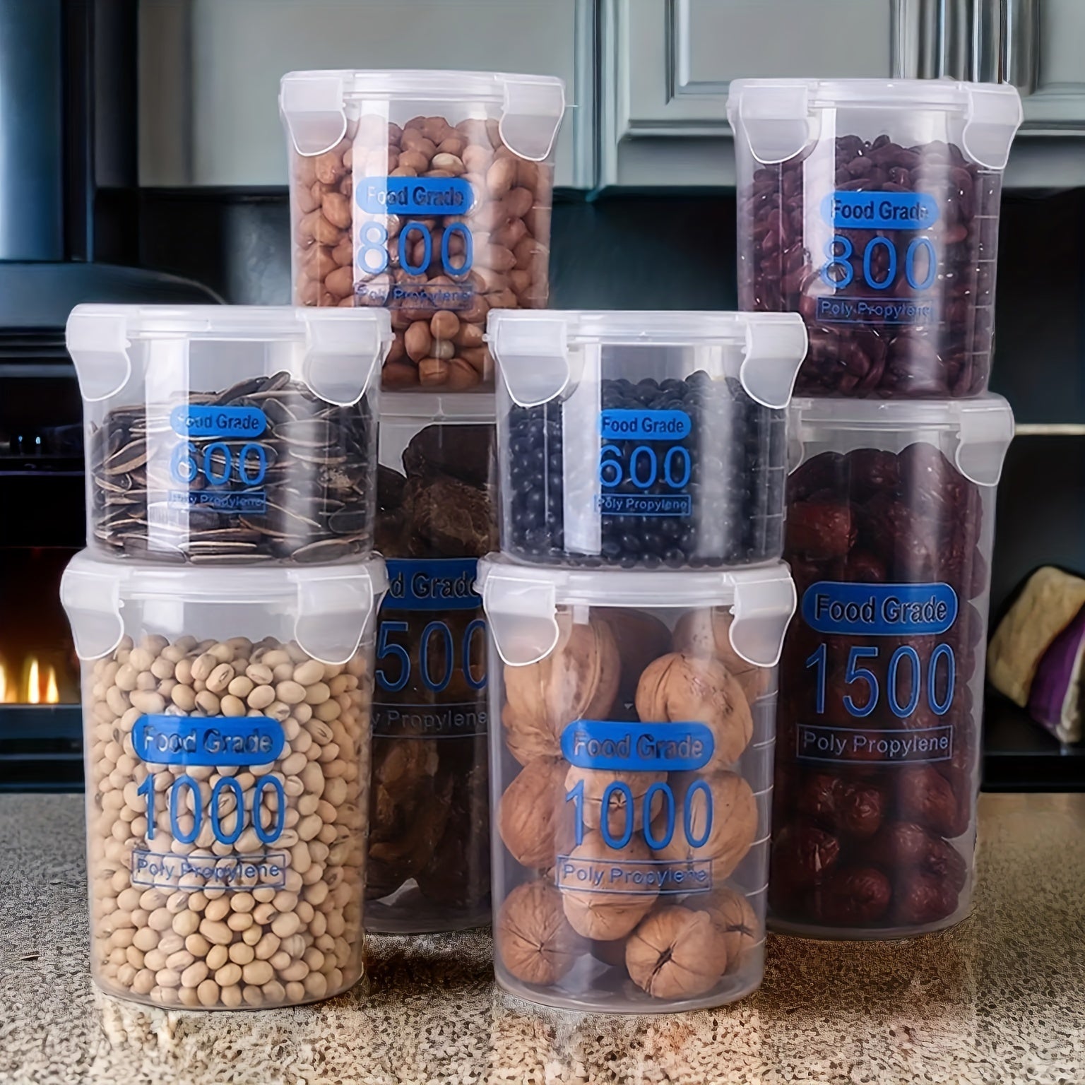 Set of 4 Clear Plastic Airtight Food Storage Containers with Lids for Cereal Rice Pasta Flour Sugar