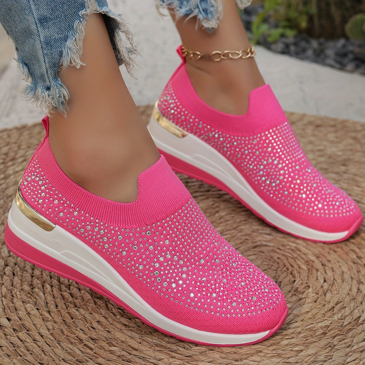 Women's Rhinestone Decor Platform Sneakers Casual Slip-On Outdoor Shoes