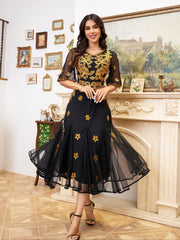 Women's Geometric Pattern Fit and Flare Party Dress Polyester Embroidered