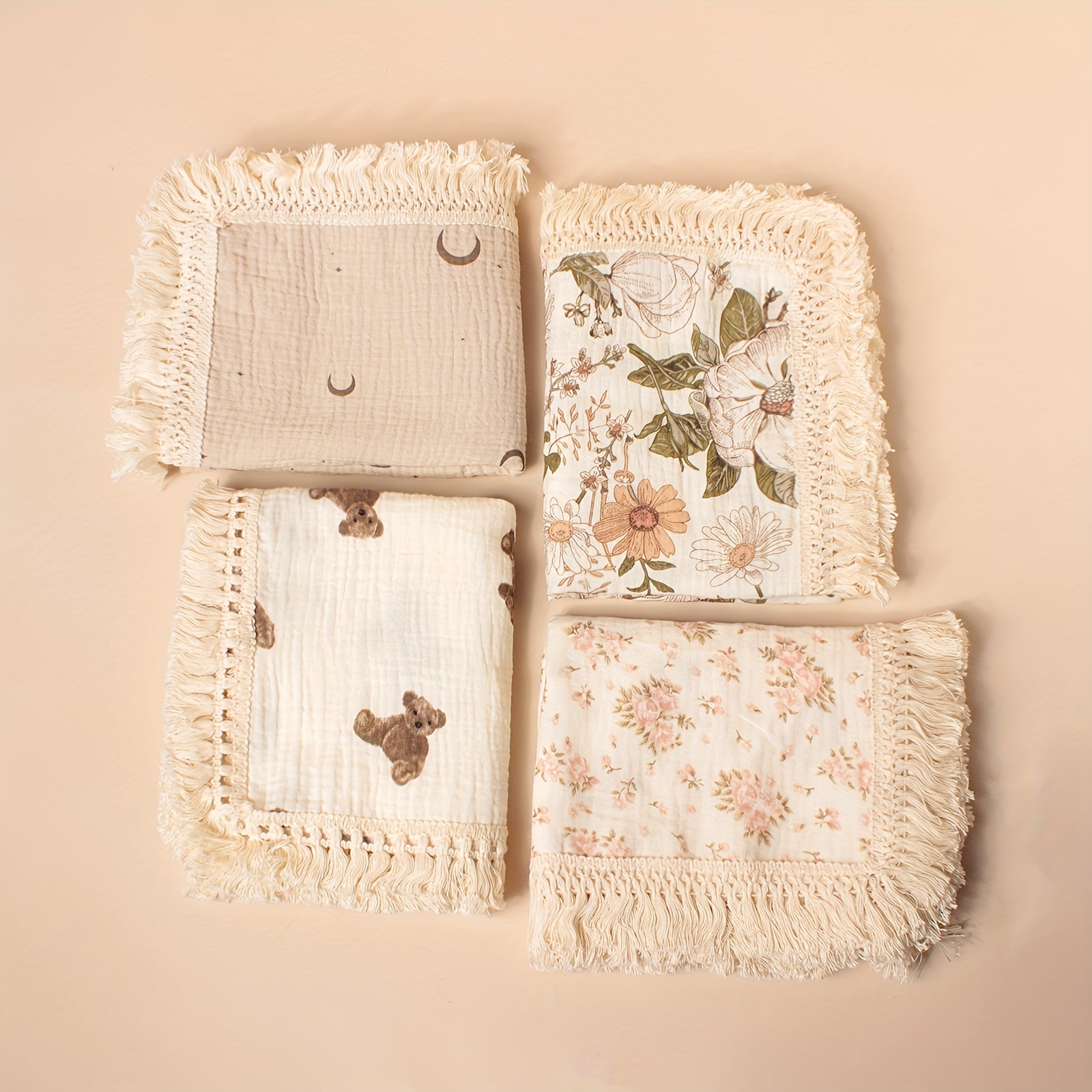 Children's Cotton Blanket with Tassel Edges Animal Print for Baby Stroller and Windproof Use