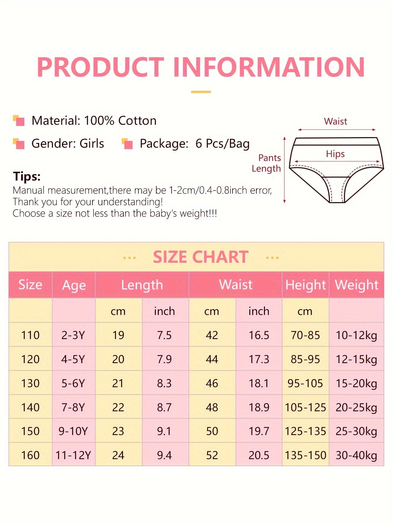 Girls Cotton Briefs Set 6 Pieces Floral Print Pink Breathable Lace Underwear