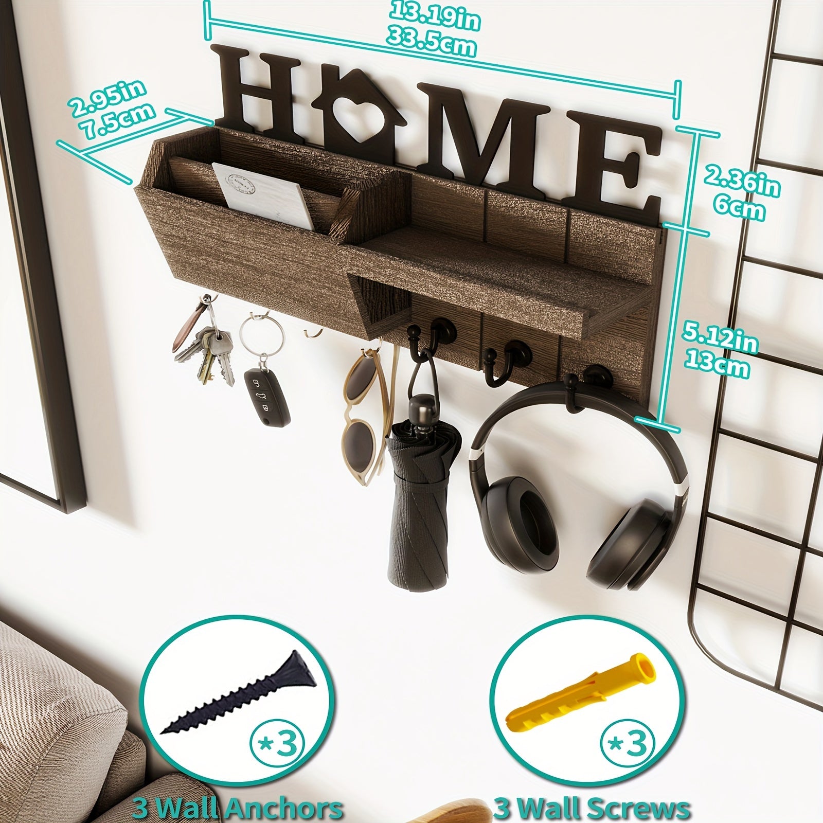 Perchero de pared de madera con 7 ganchos para correo y organizador de adornos decoración del hogar