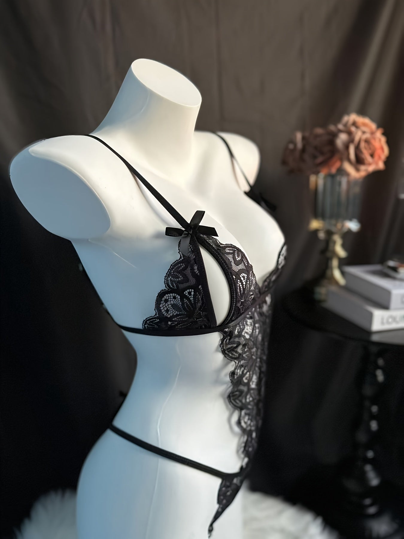 Women's Lace Bodysuit with Bow Detail and Metal Back Clasp Light Support Polyester Spandex Lingerie