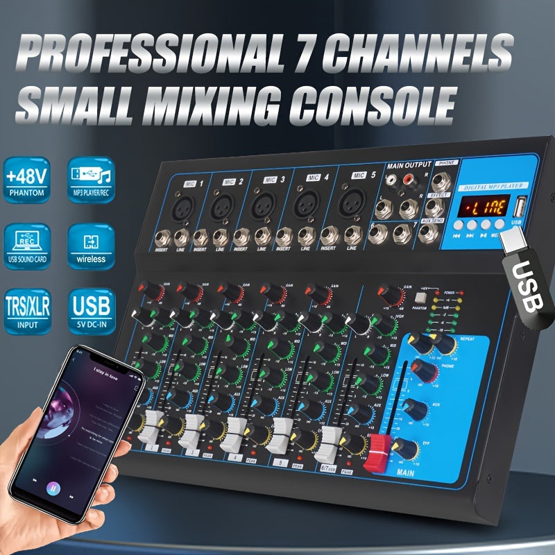 7-Channel Digital Mixing Console Alloy Black for Microphone Recording DJ and Stage Sound