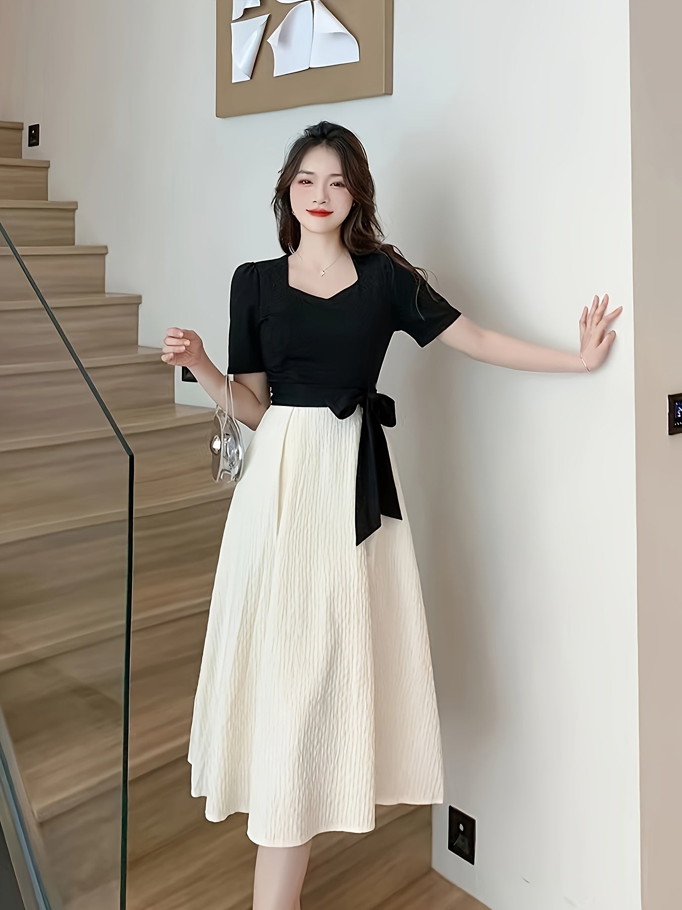 Women's A-Line Dress with High Waist Bow Short Sleeve Solid Color Spring Summer