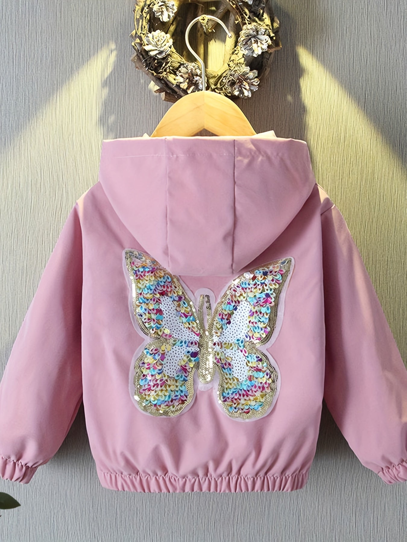 Girls Butterfly Sequin Hooded Jacket Spring Fall Casual Zip-Up Coat
