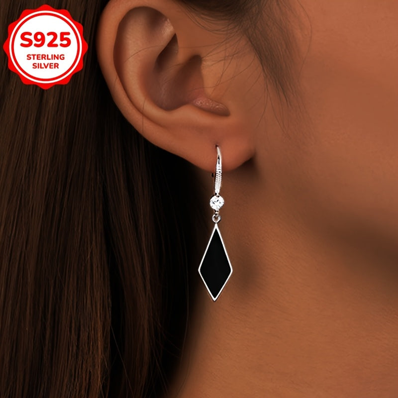 Sterling Silver S925 Dangle Rhombus Drop Earrings with Zirconia Accents for Women