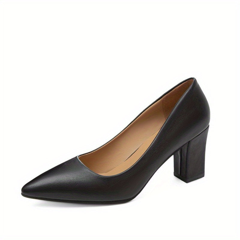 Women's Pointed Toe Court Pumps Solid Color Slip-On Block Heels for Office